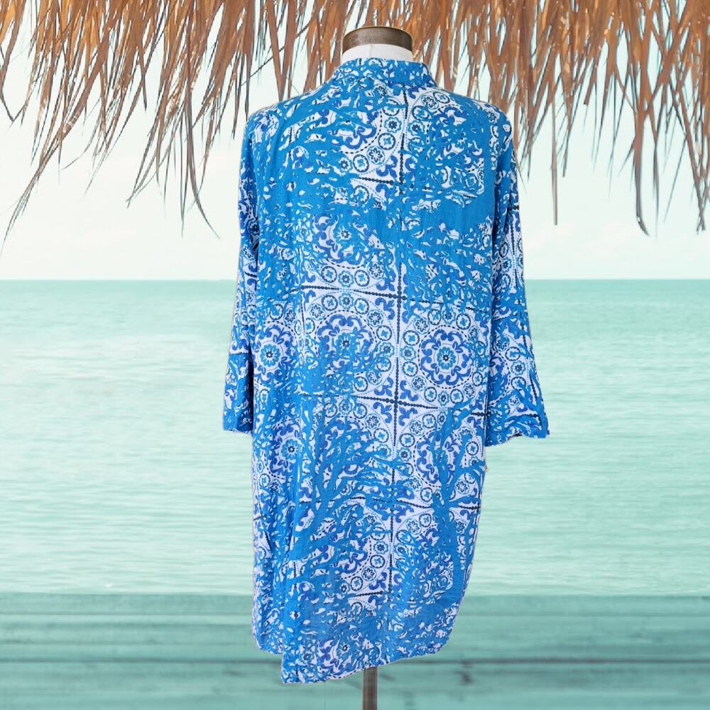ANTICA SARTORIA Mini Dress L/XL Turquoise Beaded Pintuck Tunic Resort Beach Boho - Picture 4 of 13